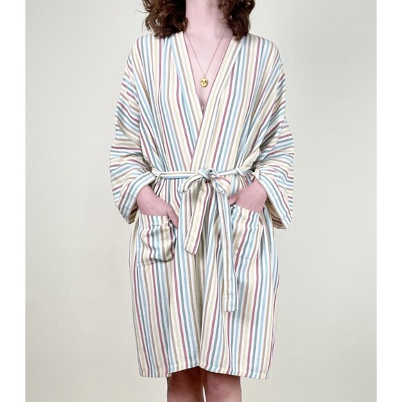 Vintage Rainbow Striped Robe Duster Cardigan Light House Coat Jacket PJs Pajamas - Picture 10 of 10